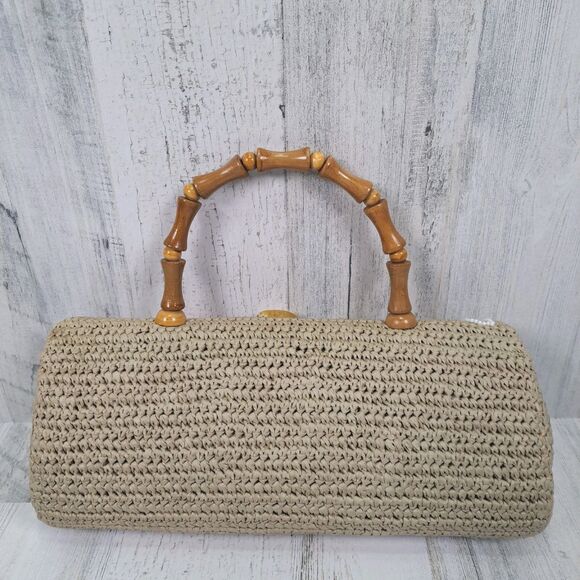 VTG Handbag Woven Raffia Straw Purse Wood Handle Sea Shells Boho Beach Cruise - Picture 2 of 14
